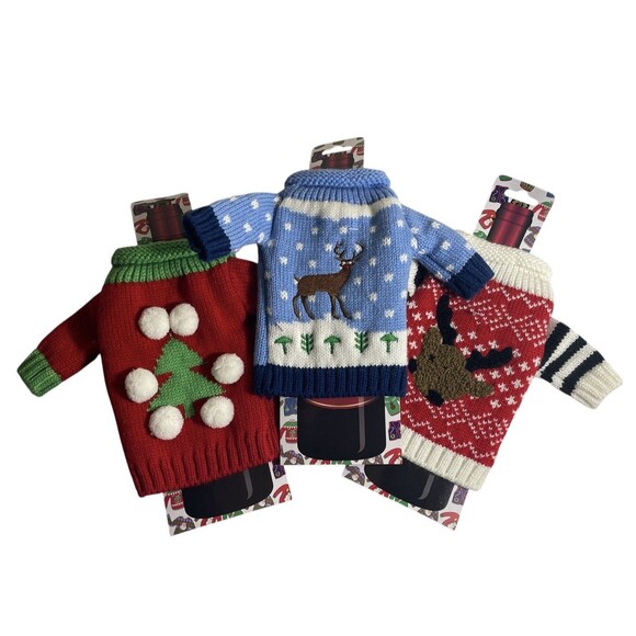Bob's Wine Bottle Gift Ugly Sweater Lot Of 3 Deer Nordic Reindeer Pom Pom Tree - Picture 1 of 5